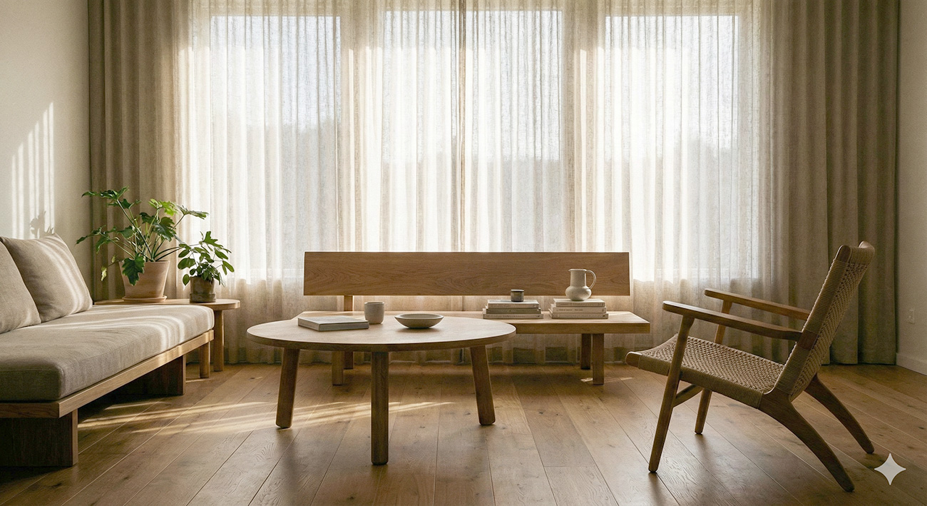 日差しが柔らかく差し込む、質感の良いシアーカーテンがかかったリビングの窓辺。家具はシンプルでモダンな雰囲気。