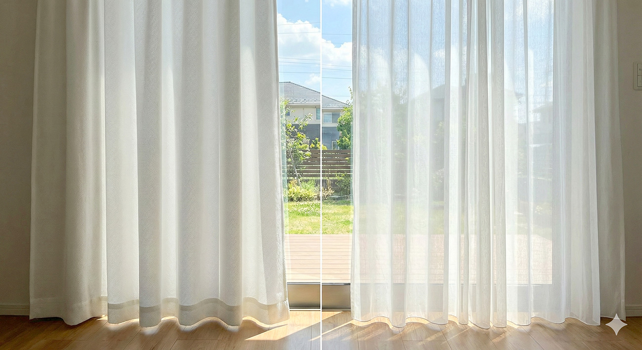左側に一般的な分厚いミラーレースカーテン、右側に繊細なシアーカーテンを並べた比較画像。透け感と落ち感の違いを強調。
