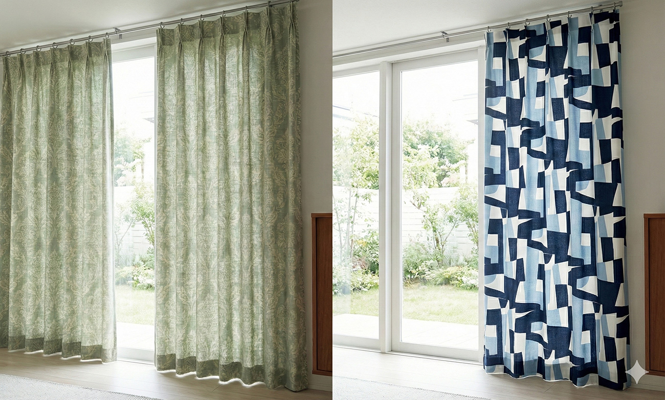 2倍ヒダでたっぷりと波打つカーテンと、フラット仕様ですっきり見せるカーテンの比較図。