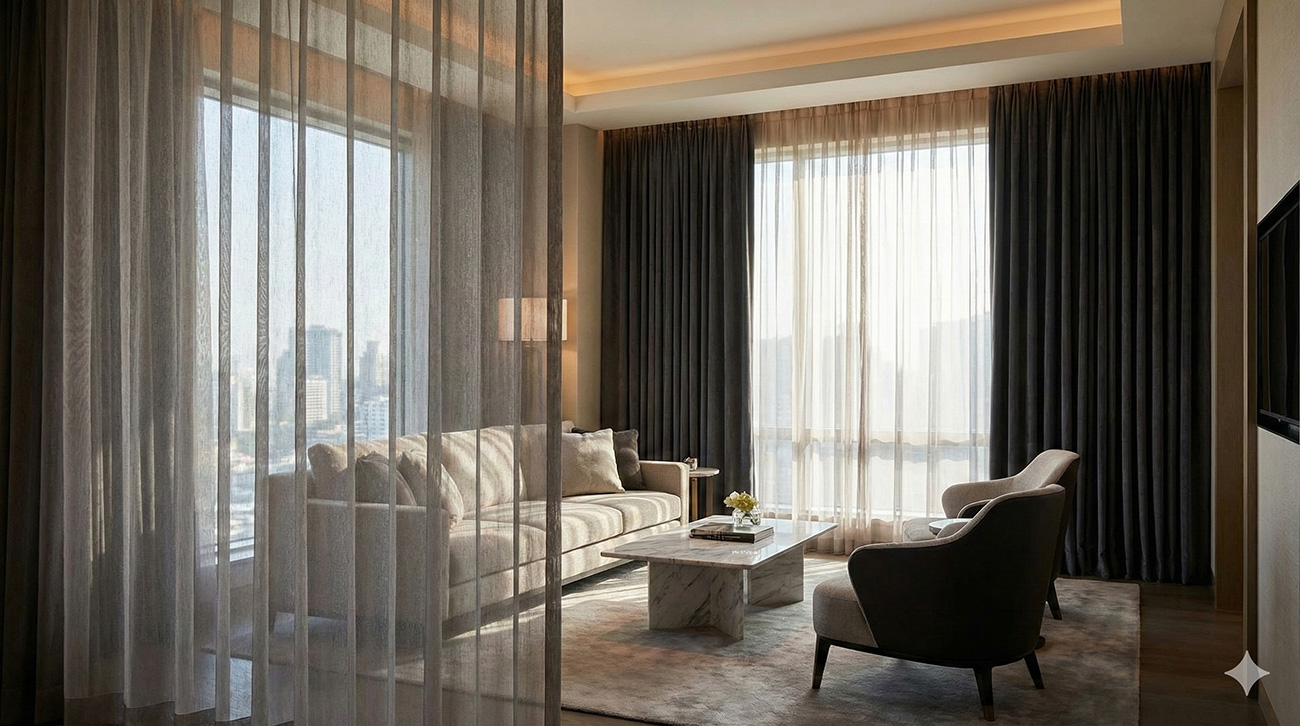 フロントシアーの実例。後ろの厚地カーテン（濃い色）が背景となり、手前のシアーカーテンの柄や刺繍が浮き上がっている様子。