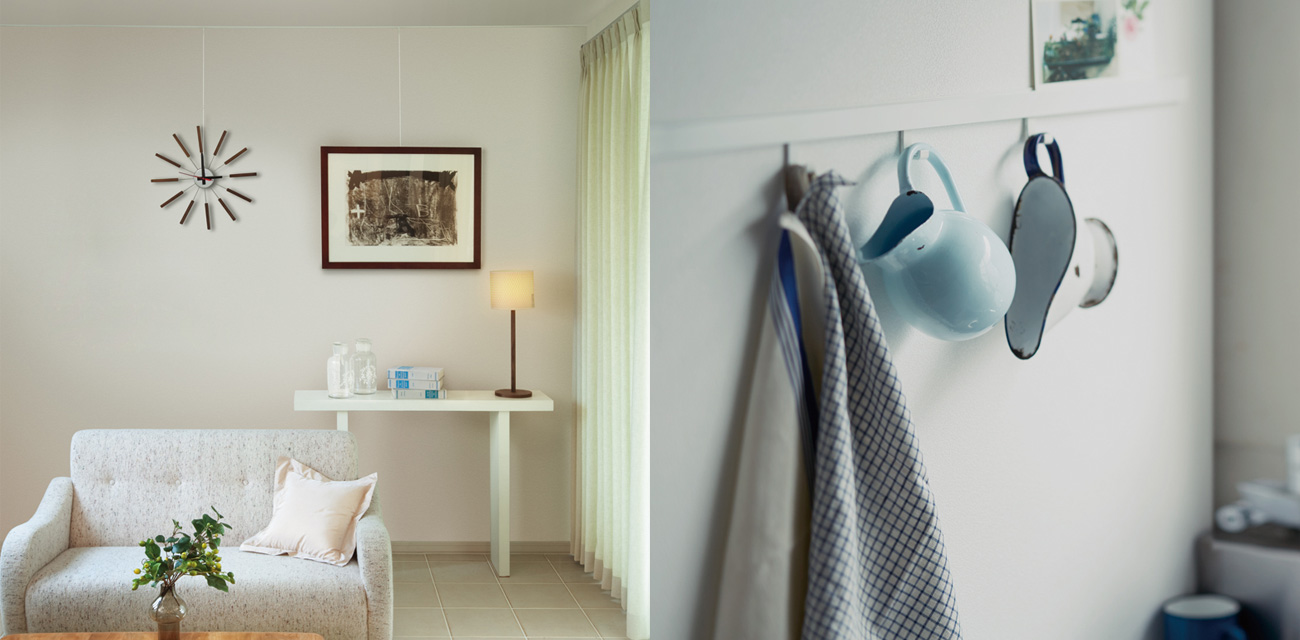 S、W、L、Tの各レールを使って、それぞれの耐荷重に合ったアイテム(ドライフラワー、帽子、観葉植物、大きな額縁)が飾られている比較イメージ図